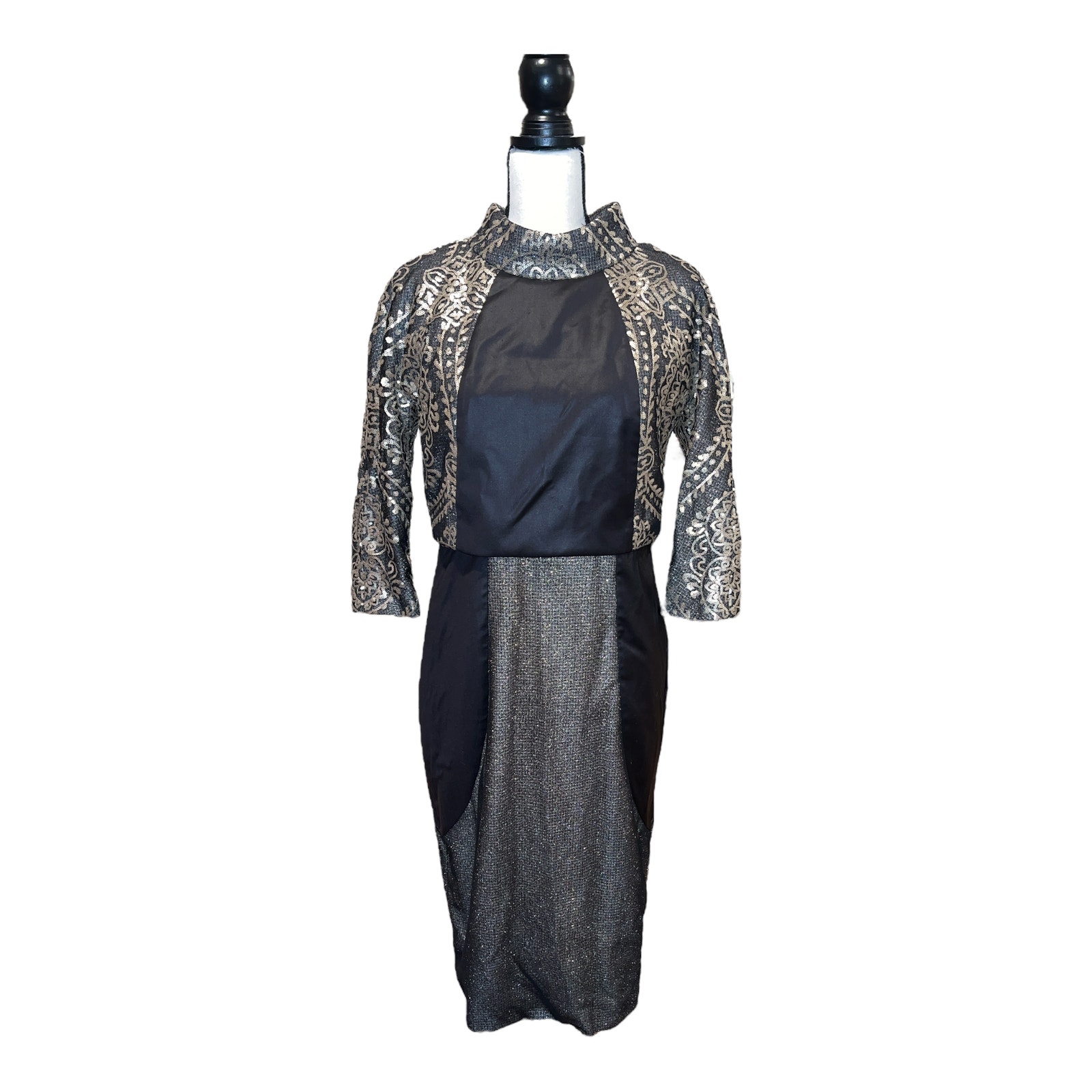 Stogova Women's Black Lace Metallic Sequin Gold Long Sleeve Dress Size 42